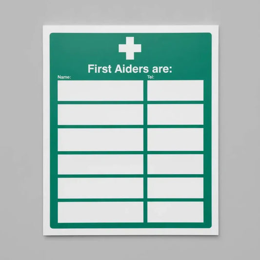 16022Y First aiders are (space for 6) Rigid Plastic (200x300mm) Safety Sign