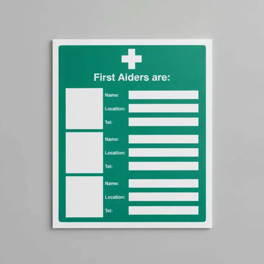 16023Y First aiders are (space for 3) Rigid Plastic (200x300mm) Safety Sign
