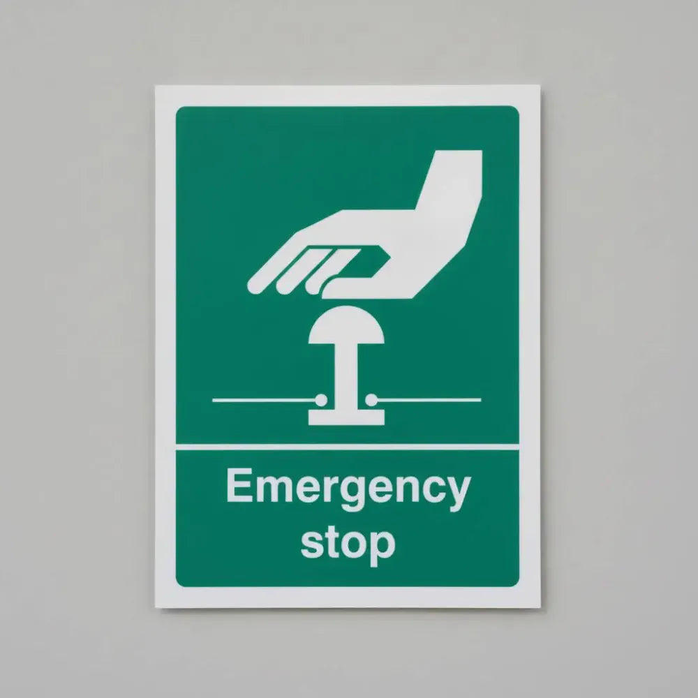 26055Y Emergency stop (white/green) Self Adhesive Vinyl (200x300mm) Safety Sign