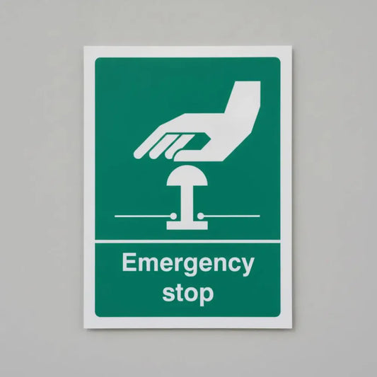 26055Y Emergency stop (white/green) Self Adhesive Vinyl (200x300mm) Safety Sign