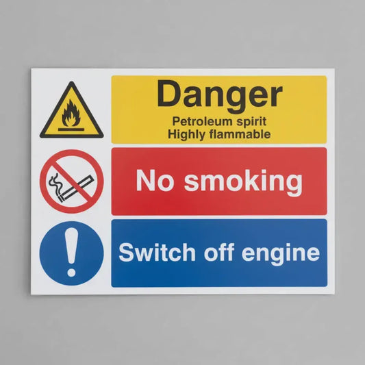 Danger petroleum spirit highly flammable no smoking switch off engine