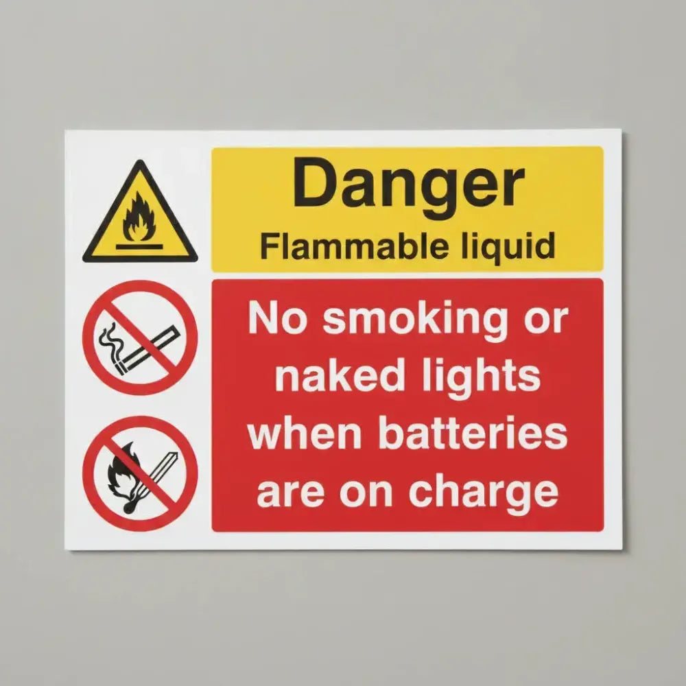 Danger flammable liquid no smoking or naked lights when batteries on charge