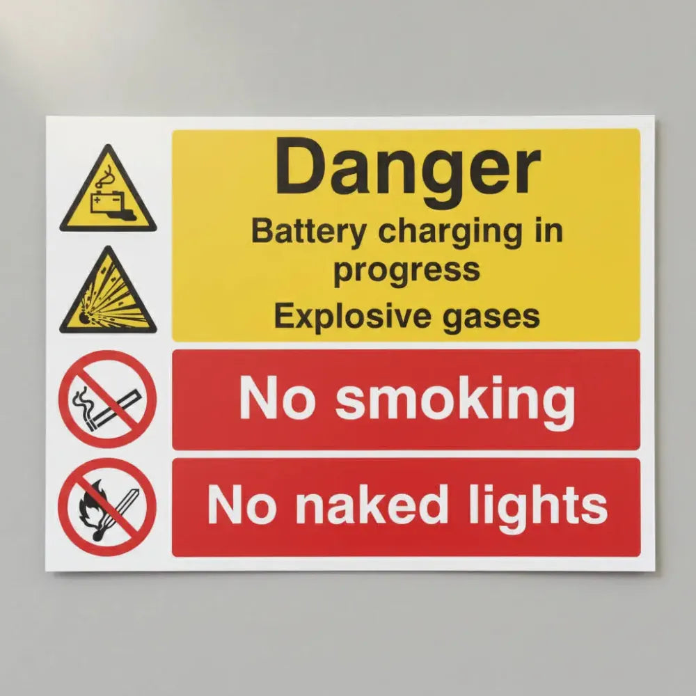 Danger Battery charging in progress explosive gases no smoking no naked lights