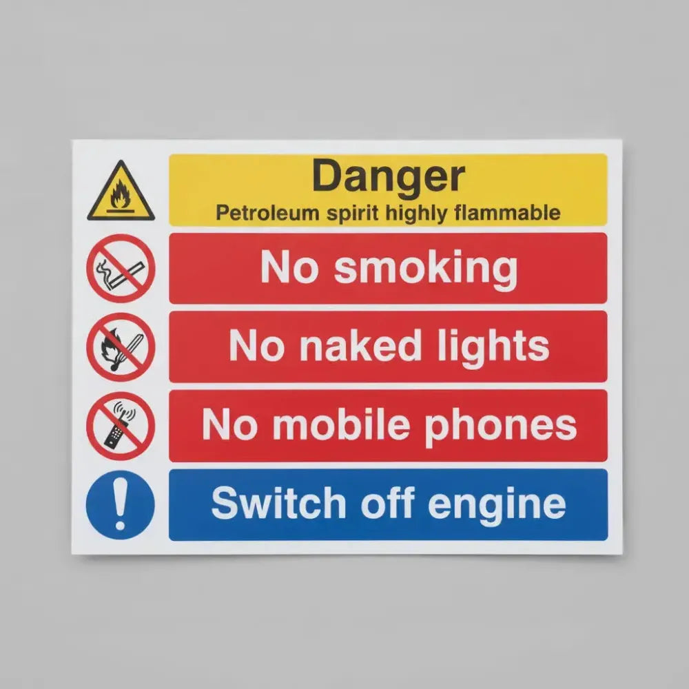 Danger petroleum spirit highly flammable/no smoking/naked lights/mobile phones/switch off engine
