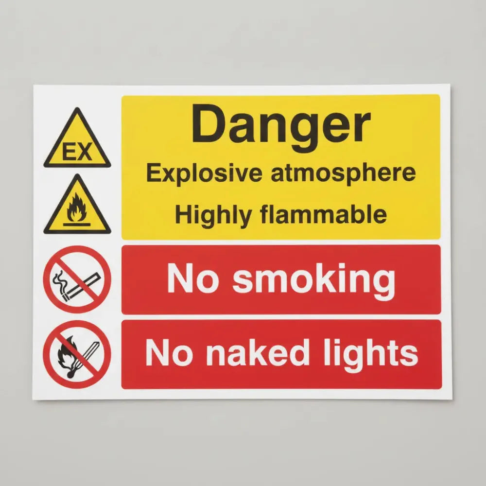 Danger explosive atmosphere highly flammable no smoking no naked lights