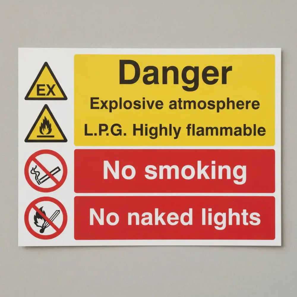 Danger explosive atmosphere LPG highly flammable no smoking no naked lights