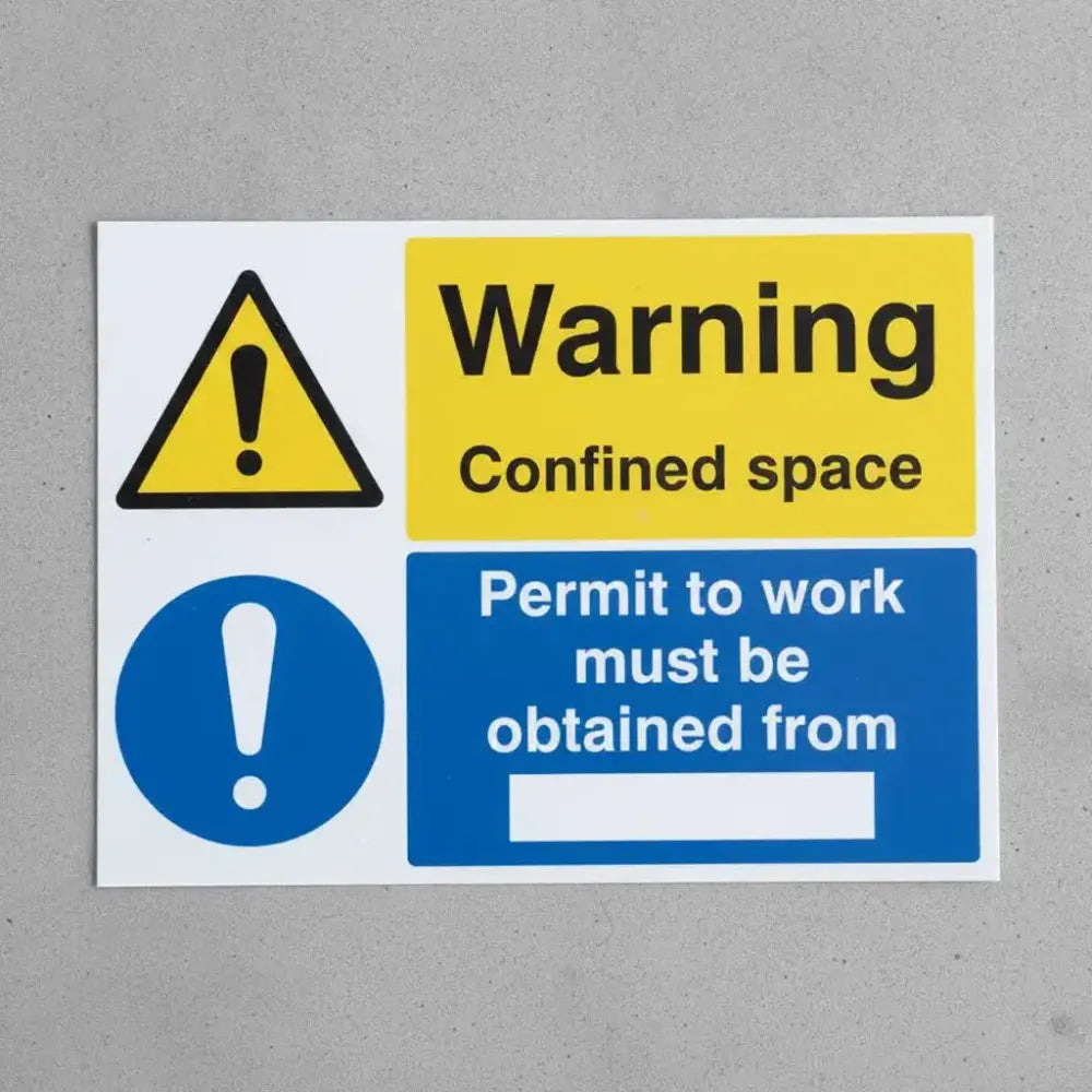 16262Y Warning confined space permit to work must be obtained from (space to insert text) Rigid Plastic (200x300mm) Safety Sign