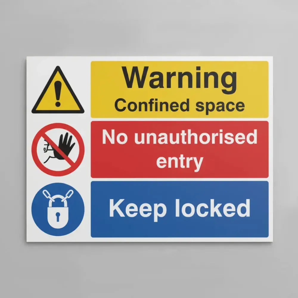 16263Y Warning confined space no unauthorised entry keep locked Rigid Plastic (200x300mm) Safety Sign