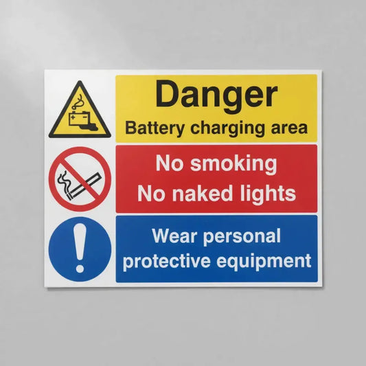 Battery charging area, wear PPE, no smoking, no naked lights
