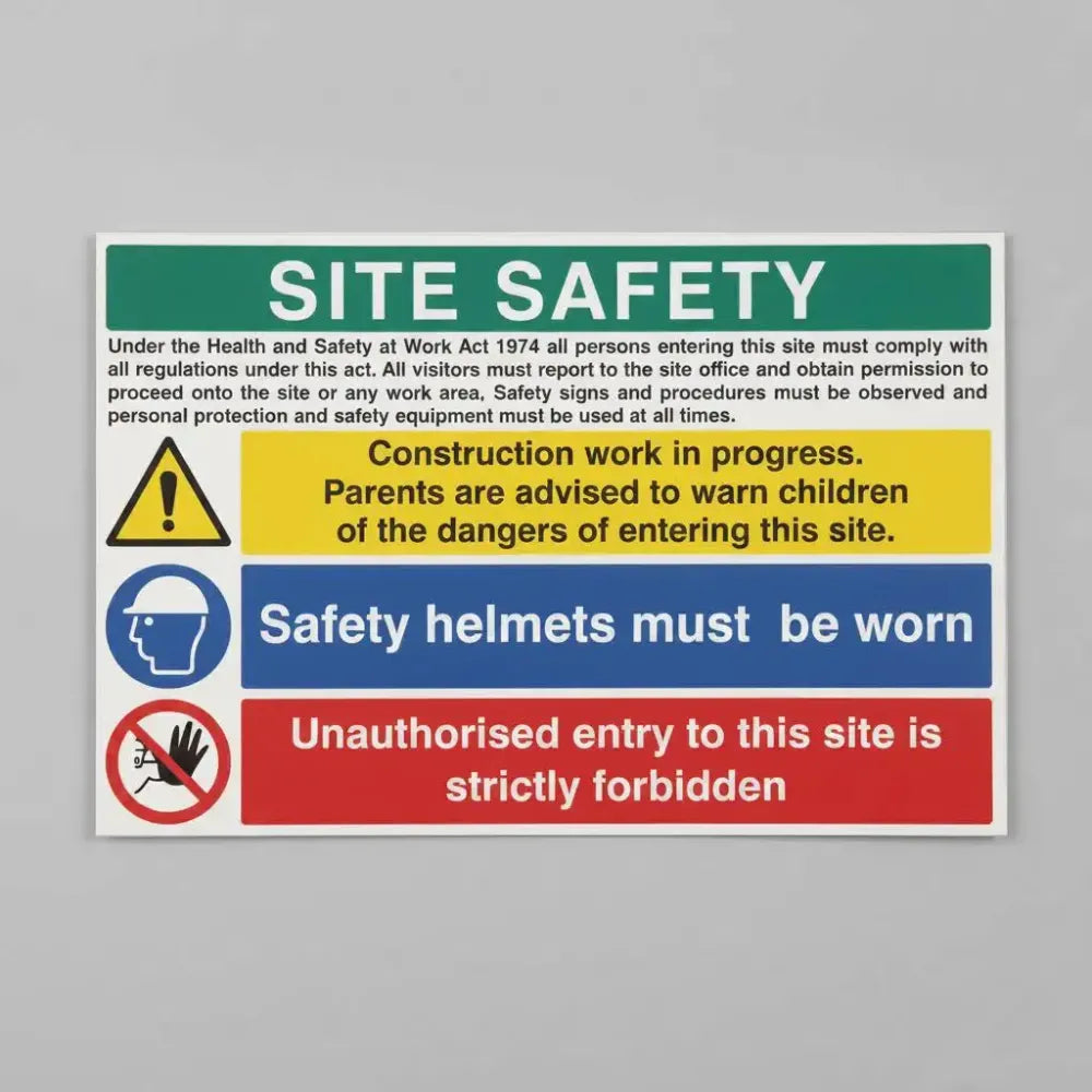 16414Q Site safety construction work, helmets, unauthorised entry Rigid Plastic (600x450mm) Safety Sign