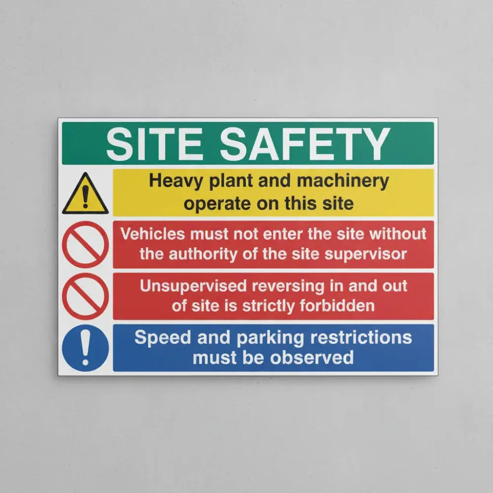 76415Q Site safety heavy plant and machinery, vehicle access, reversing, speed and parking Ultra Durable 2mm PET (600x450mm) Safety Sign