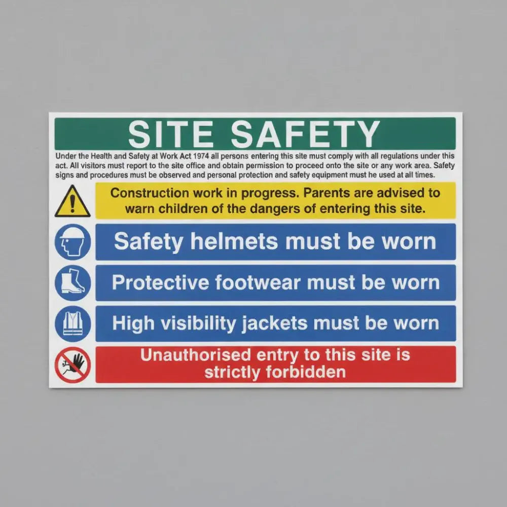 76447Q Site safety construction work, helmets, footwear, hi vis, unauthorised entry Ultra Durable 2mm PET (600x450mm) Safety Sign
