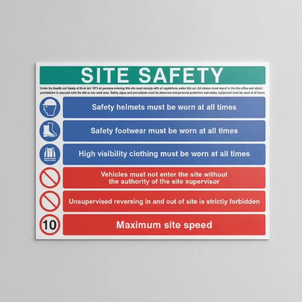 76596Q Site safety - hard hat, hivis, boots, 10mph Ultra Durable 2mm PET (600x450mm) Safety Sign