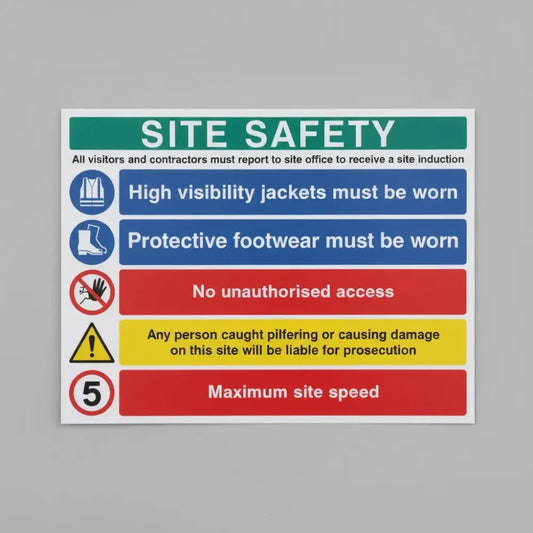 16597Q Site safety - hard hat, hivis, boots, 5mph Rigid Plastic (600x450mm) Safety Sign