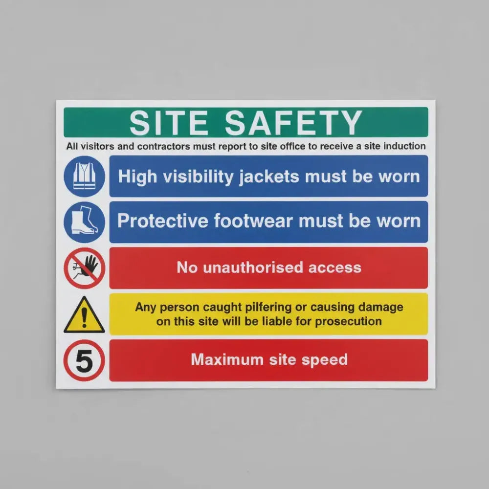 76597Q Site safety - hard hat, hivis, boots, 5mph Ultra Durable 2mm PET (600x450mm) Safety Sign