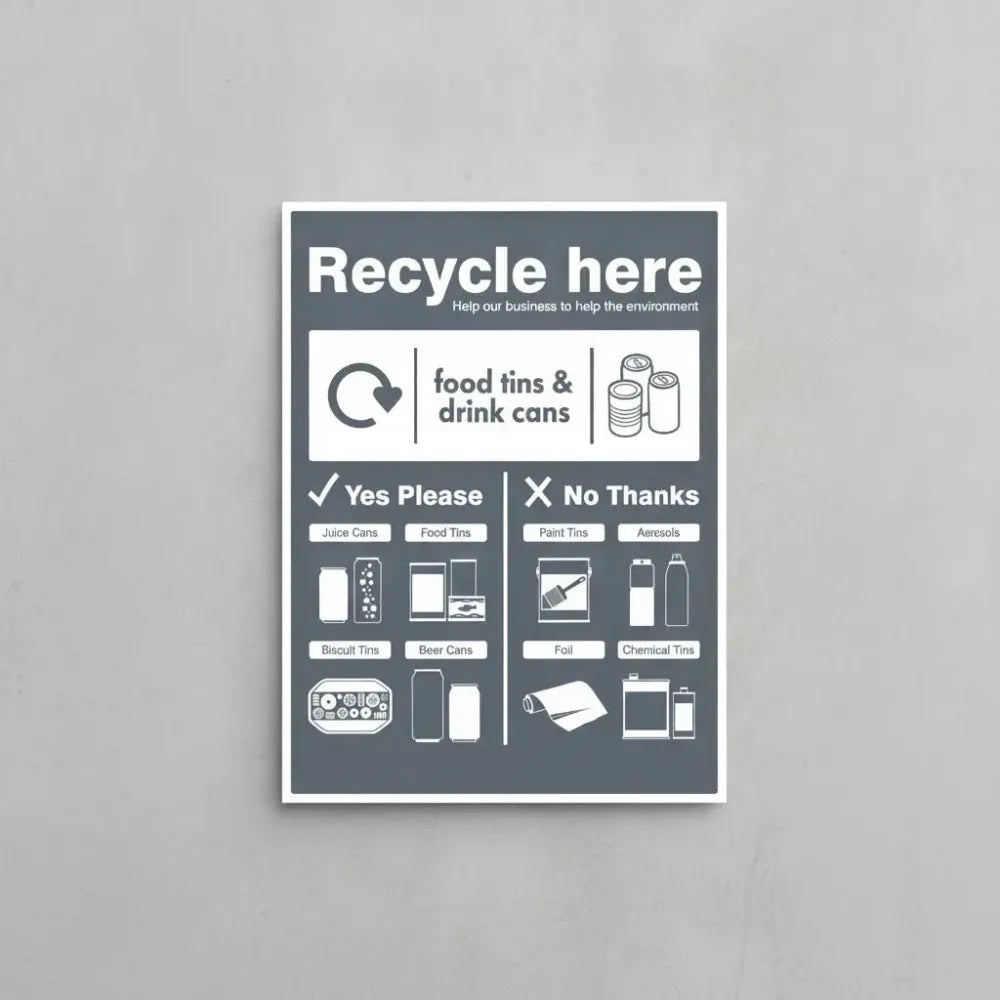 16677Y Food tins and drink cans - WRAP Recycle here sign Rigid Plastic (200x300mm) Safety Sign