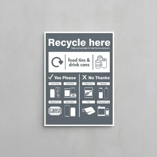 26677Y Food tins and drink cans - WRAP Recycle here sign Self Adhesive Vinyl (200x300mm) Safety Sign
