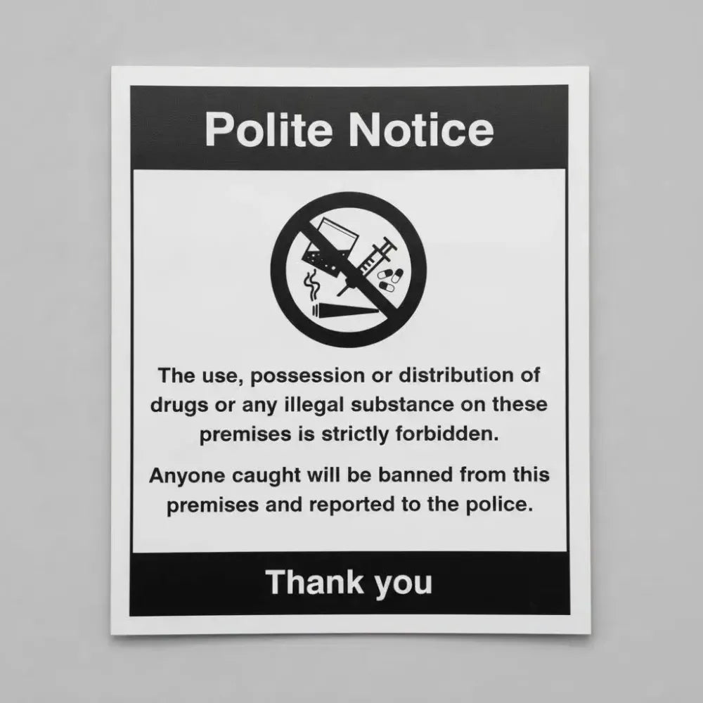 27107Y Drugs The use, possession or distribution of drugs is strictly prohibited Self Adhesive Vinyl (200x300mm) Safety Sign