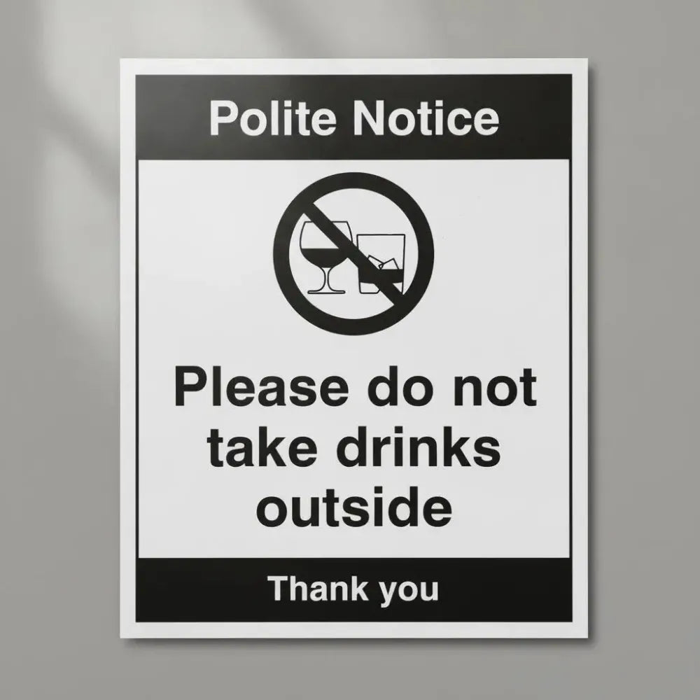 17108Y Notice Please do not take drinks outside Rigid Plastic (200x300mm) Safety Sign