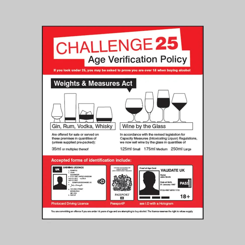 27111Y Age verification policy Weights & measures act 35 mililitres Self Adhesive Vinyl (200x300mm) Safety Sign