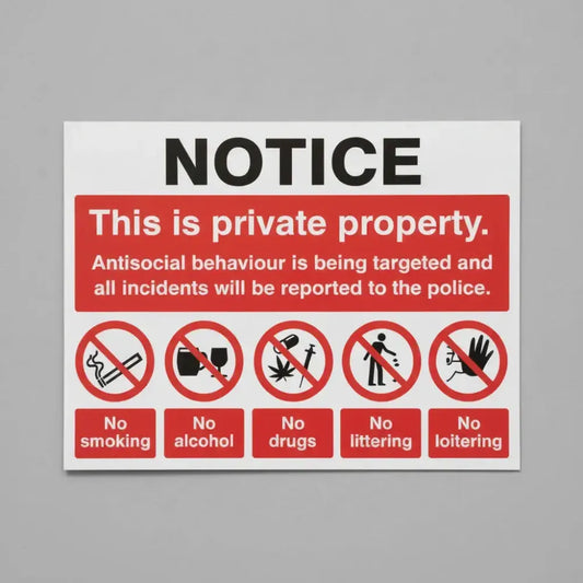 17113K Notice This is private property Antisocial behaviour is being targeted Rigid Plastic (400x300mm) Safety Sign