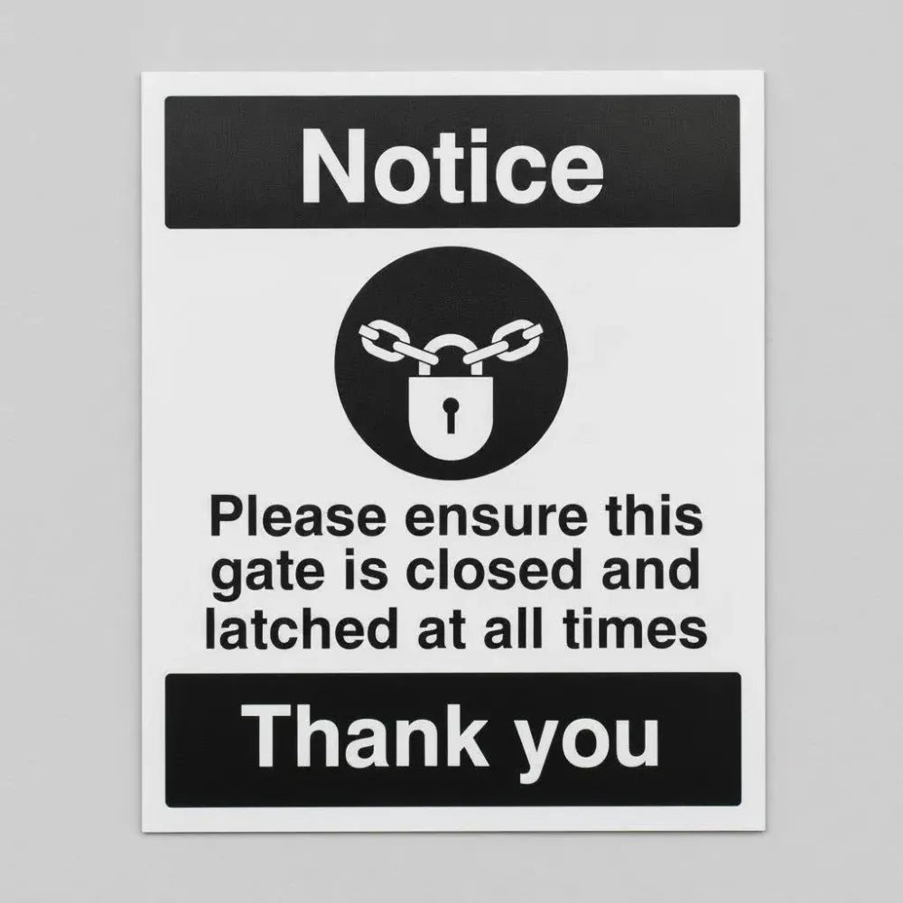 17125Y Notice Please ensure this gate is closed and latched at all times Rigid Plastic (200x300mm) Safety Sign