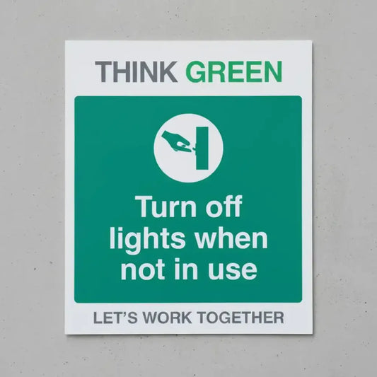 17153H Think Green Let's work together Turn off lights when not in use (semi rigid pvc safety sign) Rigid Plastic (300x250mm) Safety Sign