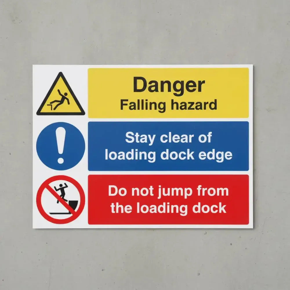 27177Q Danger Fall hazard, Stay clear of loading dock edge, do not jump from the loading dock (self adhesive vinyl safety label) Self Adhesive Vinyl (600x450mm) Safety Sign