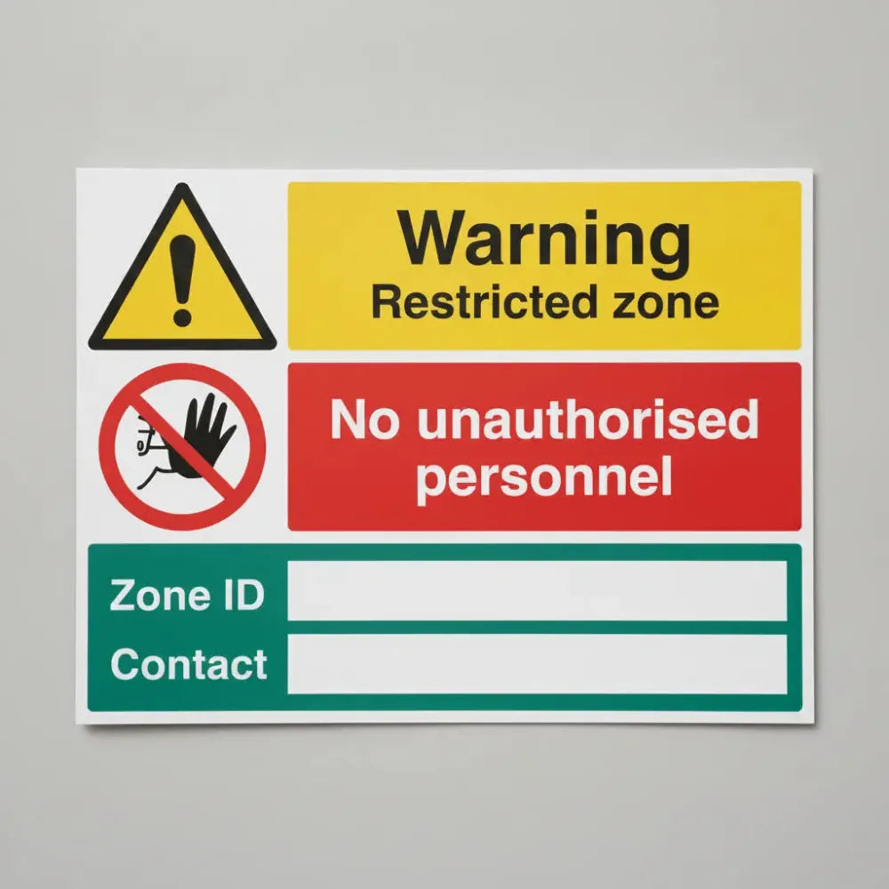 17181W Warning Restricted Zone: Authorised personnel only, Zone ID (banks space), Contact (blank space) (semi rigid pvc safety sign) Rigid Plastic (900x600mm) Safety Sign