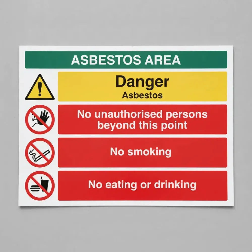 27190Q ASBESTOS AREA Danger Asbestos No unauthorised persons beyond this point No smoking No eating or drinking (self adhesive vinyl safety label) Self Adhesive Vinyl (600x450mm) Safety Sign