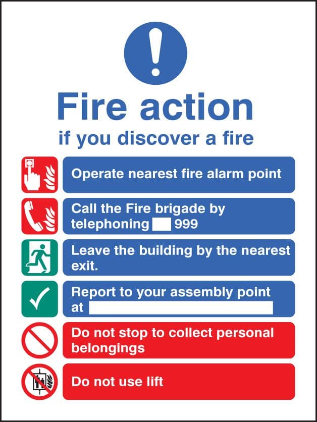 81419E Fire action EEC (manual 999)  (200x150mm) Rigid PVC with SAV Backing Safety Sign