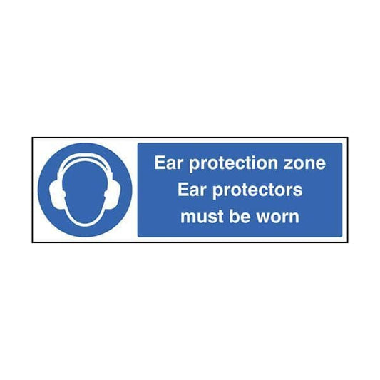 85013G Ear protection zone ear protectors must be worn sign - Quick-Fix with S/A Back (300x100mm)