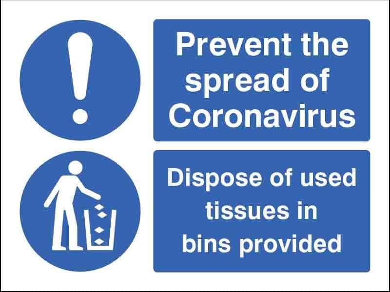 Prevent the spread of coronavirus Dispose of used tissues...  (Pack of 5: 200x150mm SAV labels)